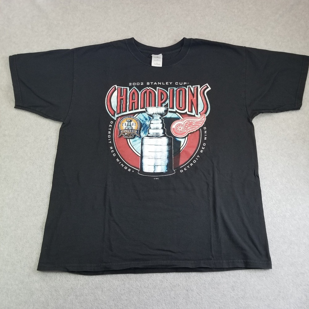 VTG Detroit Red Wings Shirt Mens XL Black Gildan 2002 Stanley Cup Y2K T-Shirt